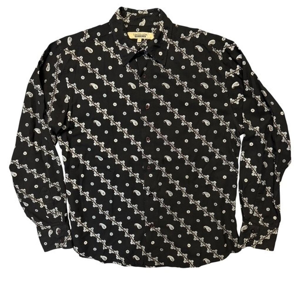 Black Button-up Floral and Paisley Embroidery Men's Large Shirt by Lattidutes